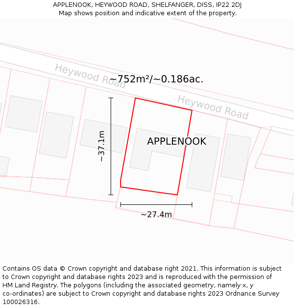 APPLENOOK, HEYWOOD ROAD, SHELFANGER, DISS, IP22 2DJ: Plot and title map