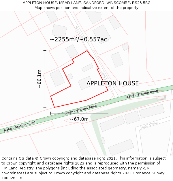 APPLETON HOUSE, MEAD LANE, SANDFORD, WINSCOMBE, BS25 5RG: Plot and title map