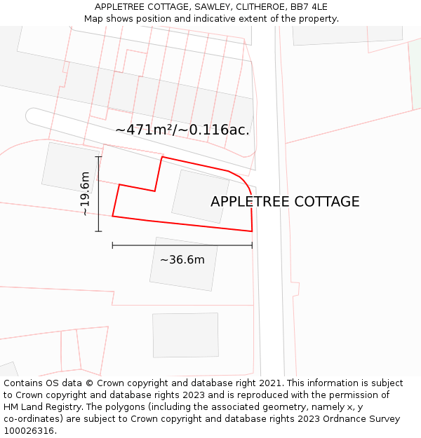 APPLETREE COTTAGE, SAWLEY, CLITHEROE, BB7 4LE: Plot and title map