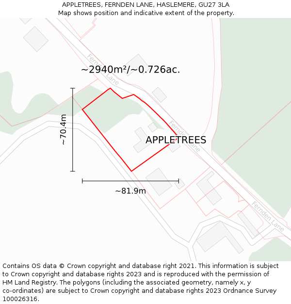 APPLETREES, FERNDEN LANE, HASLEMERE, GU27 3LA: Plot and title map