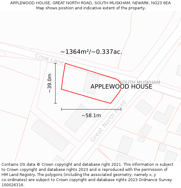 APPLEWOOD HOUSE, GREAT NORTH ROAD, SOUTH MUSKHAM, NEWARK, NG23 6EA: Plot and title map