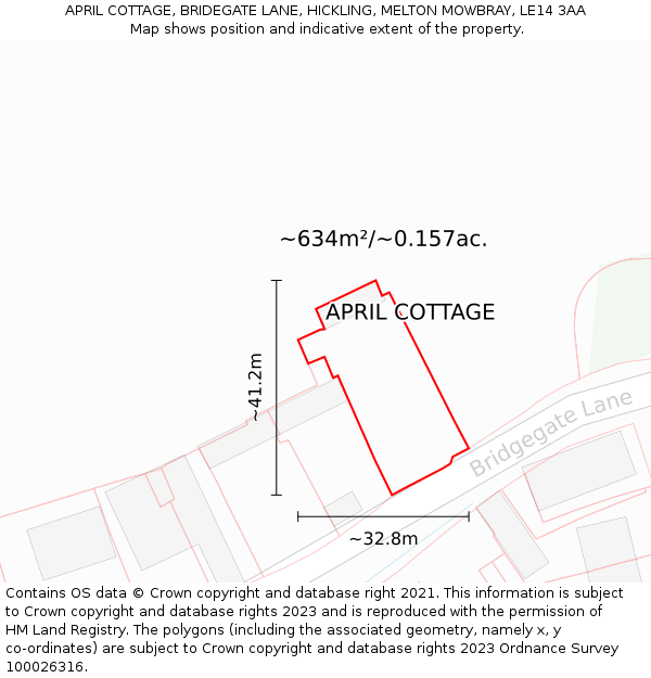 APRIL COTTAGE, BRIDEGATE LANE, HICKLING, MELTON MOWBRAY, LE14 3AA: Plot and title map