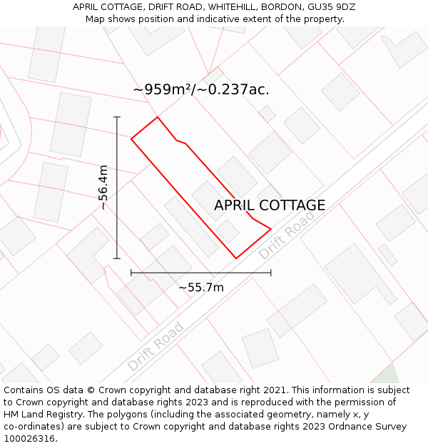 APRIL COTTAGE, DRIFT ROAD, WHITEHILL, BORDON, GU35 9DZ: Plot and title map