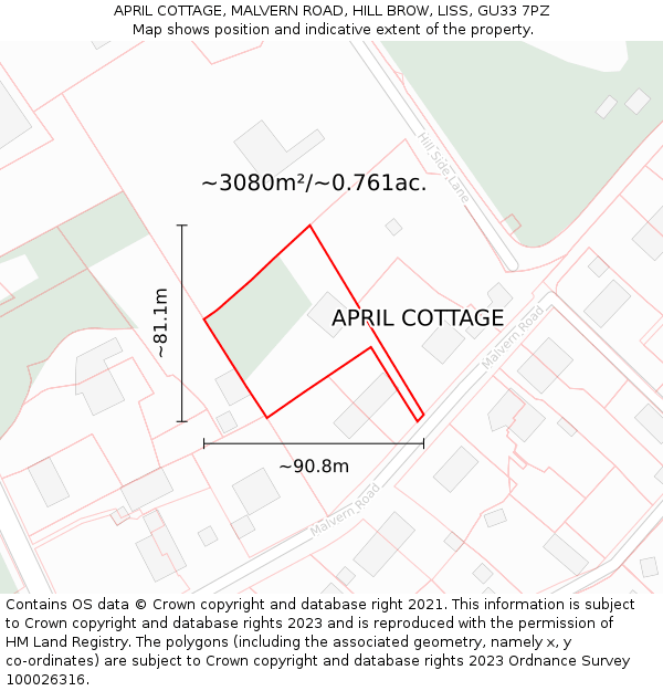 APRIL COTTAGE, MALVERN ROAD, HILL BROW, LISS, GU33 7PZ: Plot and title map