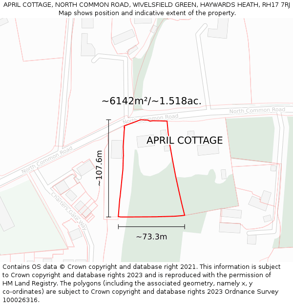 APRIL COTTAGE, NORTH COMMON ROAD, WIVELSFIELD GREEN, HAYWARDS HEATH, RH17 7RJ: Plot and title map