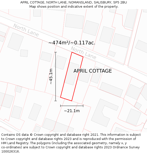 APRIL COTTAGE, NORTH LANE, NOMANSLAND, SALISBURY, SP5 2BU: Plot and title map