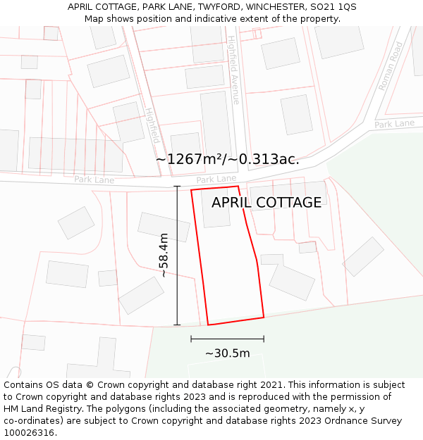 APRIL COTTAGE, PARK LANE, TWYFORD, WINCHESTER, SO21 1QS: Plot and title map