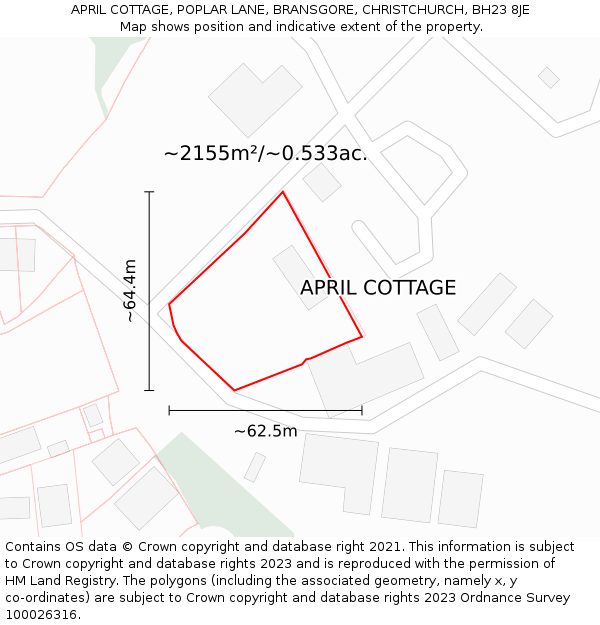 APRIL COTTAGE, POPLAR LANE, BRANSGORE, CHRISTCHURCH, BH23 8JE: Plot and title map