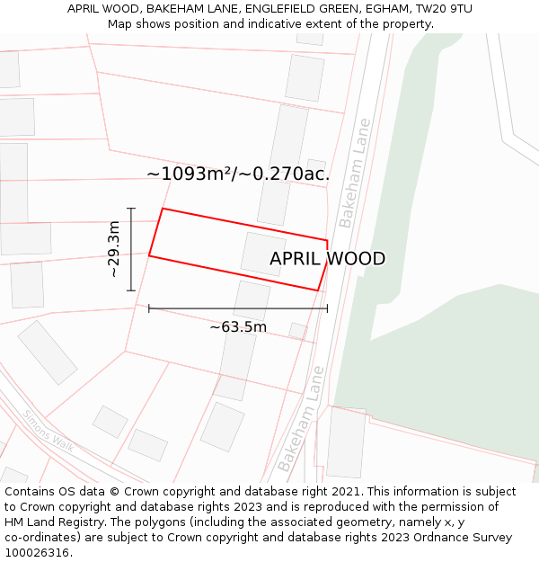 APRIL WOOD, BAKEHAM LANE, ENGLEFIELD GREEN, EGHAM, TW20 9TU: Plot and title map