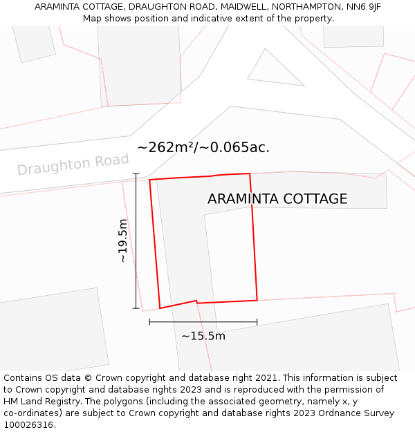 ARAMINTA COTTAGE, DRAUGHTON ROAD, MAIDWELL, NORTHAMPTON, NN6 9JF: Plot and title map