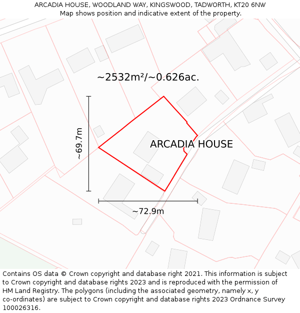 ARCADIA HOUSE, WOODLAND WAY, KINGSWOOD, TADWORTH, KT20 6NW: Plot and title map