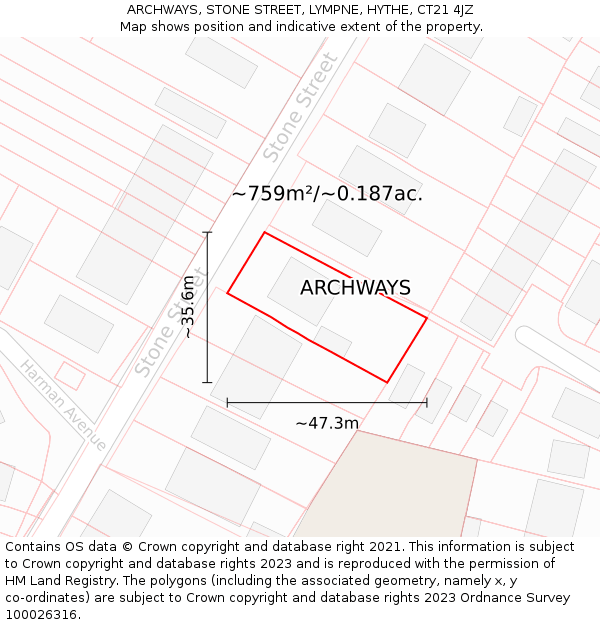 ARCHWAYS, STONE STREET, LYMPNE, HYTHE, CT21 4JZ: Plot and title map