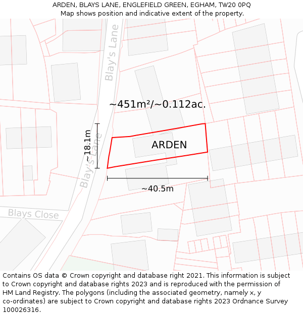 ARDEN, BLAYS LANE, ENGLEFIELD GREEN, EGHAM, TW20 0PQ: Plot and title map