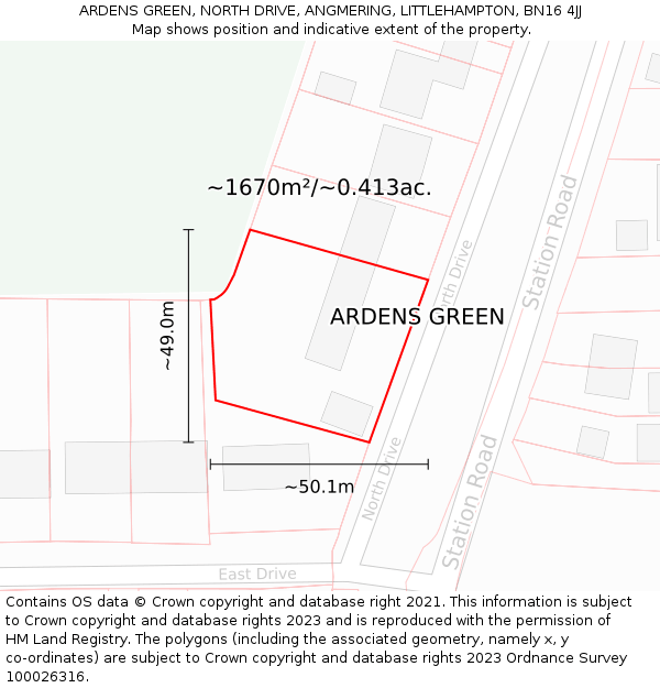 ARDENS GREEN, NORTH DRIVE, ANGMERING, LITTLEHAMPTON, BN16 4JJ: Plot and title map