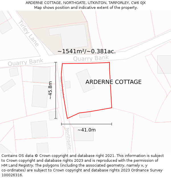 ARDERNE COTTAGE, NORTHGATE, UTKINTON, TARPORLEY, CW6 0JX: Plot and title map