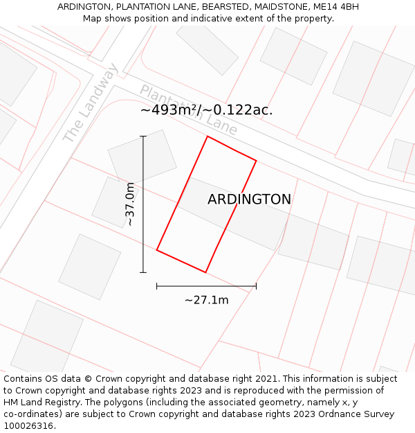 ARDINGTON, PLANTATION LANE, BEARSTED, MAIDSTONE, ME14 4BH: Plot and title map