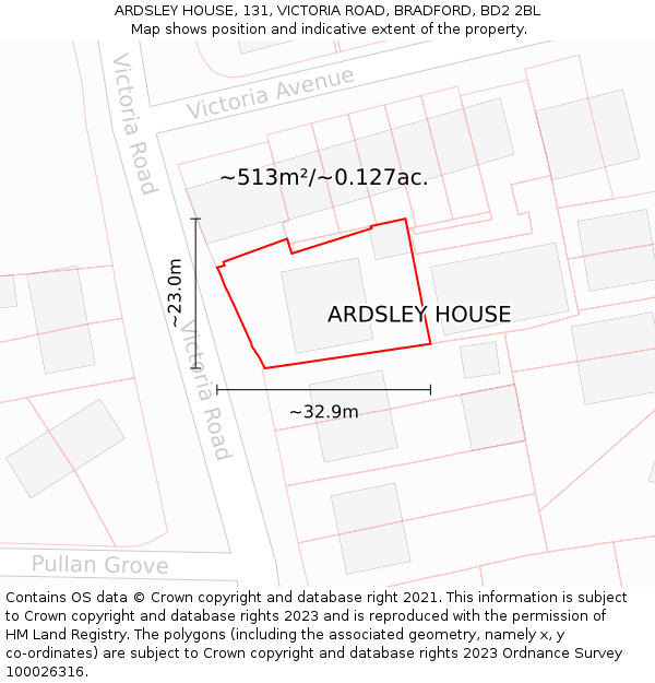 ARDSLEY HOUSE, 131, VICTORIA ROAD, BRADFORD, BD2 2BL: Plot and title map