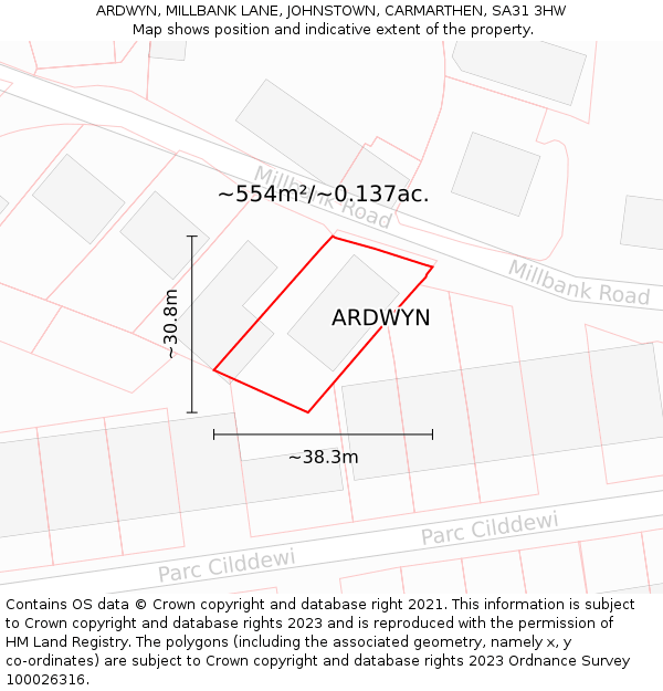 ARDWYN, MILLBANK LANE, JOHNSTOWN, CARMARTHEN, SA31 3HW: Plot and title map