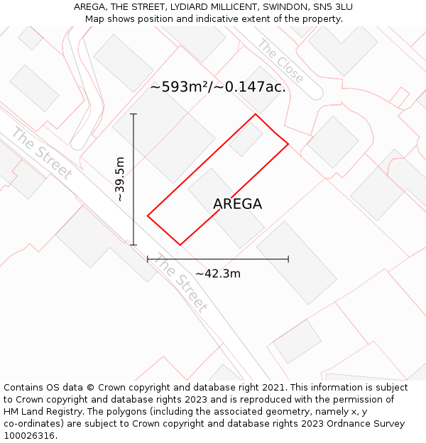 AREGA, THE STREET, LYDIARD MILLICENT, SWINDON, SN5 3LU: Plot and title map