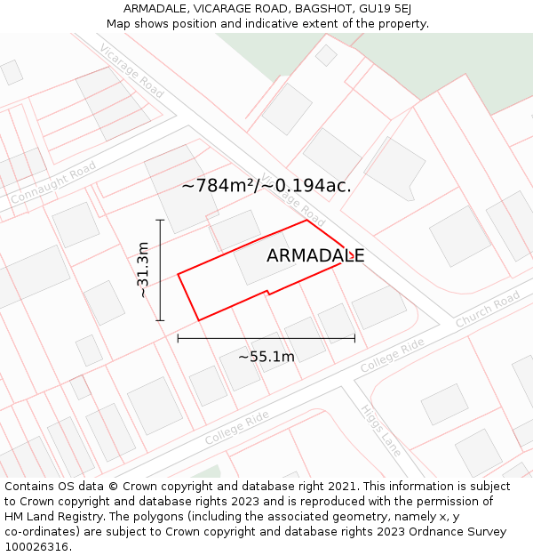 ARMADALE, VICARAGE ROAD, BAGSHOT, GU19 5EJ: Plot and title map