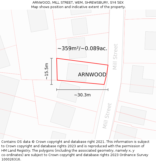 ARNWOOD, MILL STREET, WEM, SHREWSBURY, SY4 5EX: Plot and title map