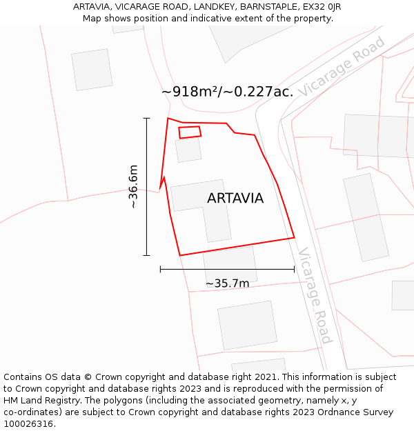 ARTAVIA, VICARAGE ROAD, LANDKEY, BARNSTAPLE, EX32 0JR: Plot and title map