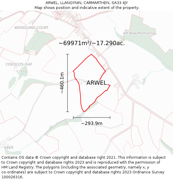 ARWEL, LLANGYNIN, CARMARTHEN, SA33 4JY: Plot and title map