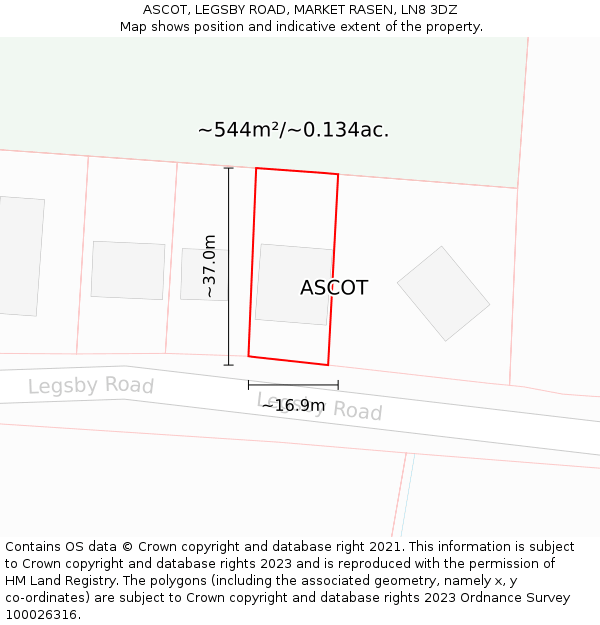 ASCOT, LEGSBY ROAD, MARKET RASEN, LN8 3DZ: Plot and title map