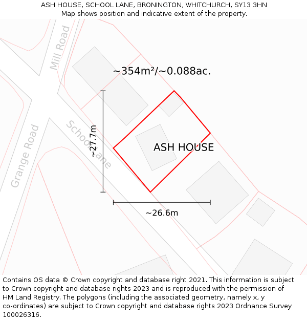 ASH HOUSE, SCHOOL LANE, BRONINGTON, WHITCHURCH, SY13 3HN: Plot and title map
