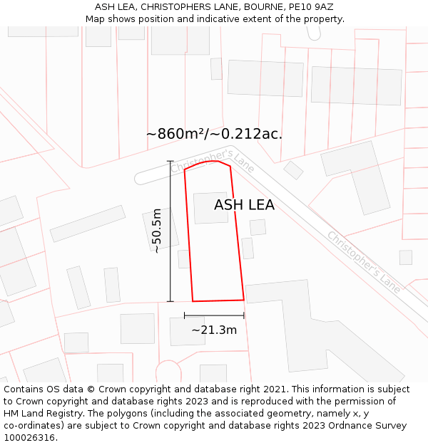 ASH LEA, CHRISTOPHERS LANE, BOURNE, PE10 9AZ: Plot and title map