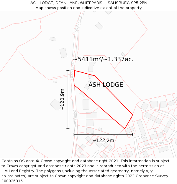 ASH LODGE, DEAN LANE, WHITEPARISH, SALISBURY, SP5 2RN: Plot and title map