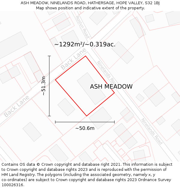 ASH MEADOW, NINELANDS ROAD, HATHERSAGE, HOPE VALLEY, S32 1BJ: Plot and title map