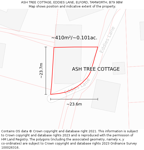 ASH TREE COTTAGE, EDDIES LANE, ELFORD, TAMWORTH, B79 9BW: Plot and title map