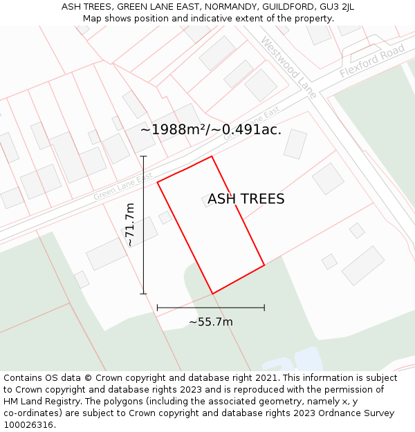 ASH TREES, GREEN LANE EAST, NORMANDY, GUILDFORD, GU3 2JL: Plot and title map