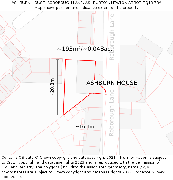 ASHBURN HOUSE, ROBOROUGH LANE, ASHBURTON, NEWTON ABBOT, TQ13 7BA: Plot and title map