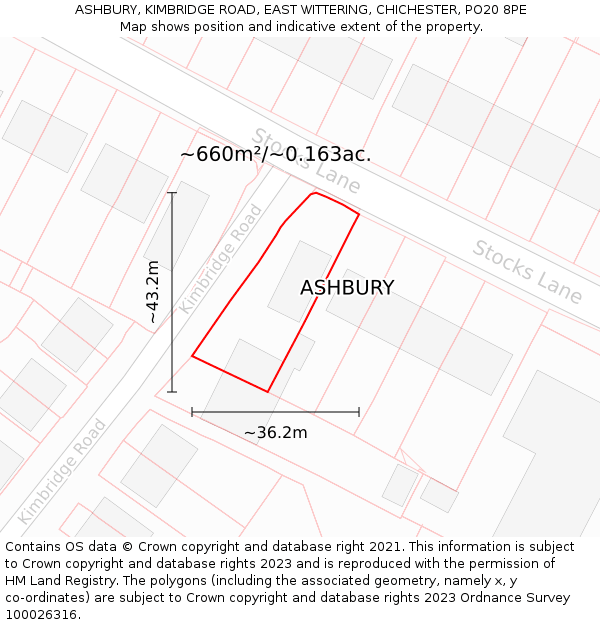 ASHBURY, KIMBRIDGE ROAD, EAST WITTERING, CHICHESTER, PO20 8PE: Plot and title map