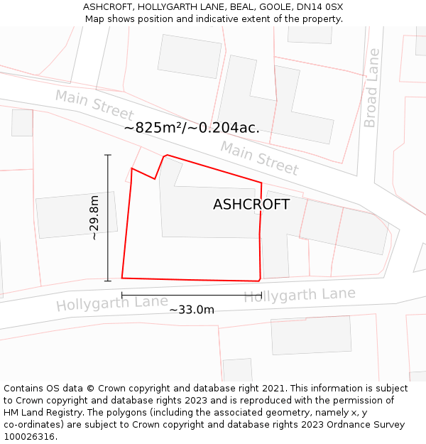 ASHCROFT, HOLLYGARTH LANE, BEAL, GOOLE, DN14 0SX: Plot and title map