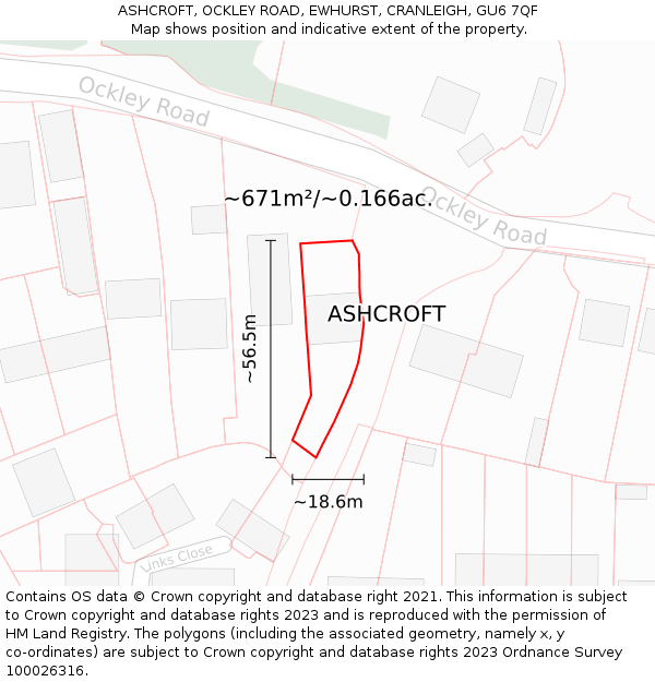 ASHCROFT, OCKLEY ROAD, EWHURST, CRANLEIGH, GU6 7QF: Plot and title map