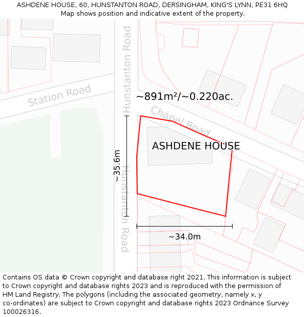 ASHDENE HOUSE, 60, HUNSTANTON ROAD, DERSINGHAM, KING'S LYNN, PE31 6HQ: Plot and title map