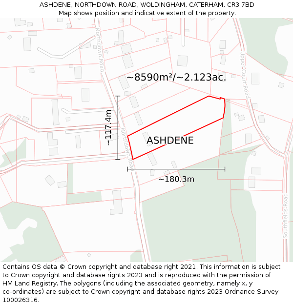 ASHDENE, NORTHDOWN ROAD, WOLDINGHAM, CATERHAM, CR3 7BD: Plot and title map