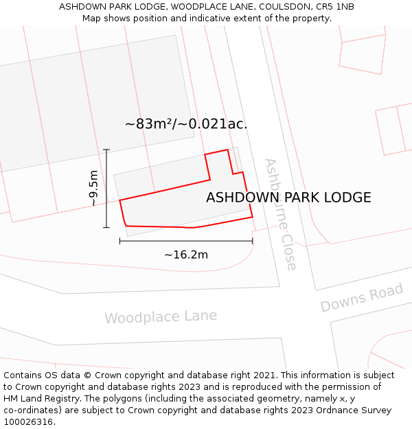 ASHDOWN PARK LODGE, WOODPLACE LANE, COULSDON, CR5 1NB: Plot and title map