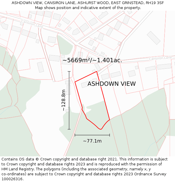 ASHDOWN VIEW, CANSIRON LANE, ASHURST WOOD, EAST GRINSTEAD, RH19 3SF: Plot and title map