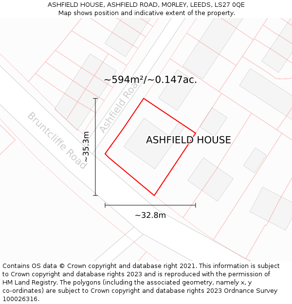 ASHFIELD HOUSE, ASHFIELD ROAD, MORLEY, LEEDS, LS27 0QE: Plot and title map