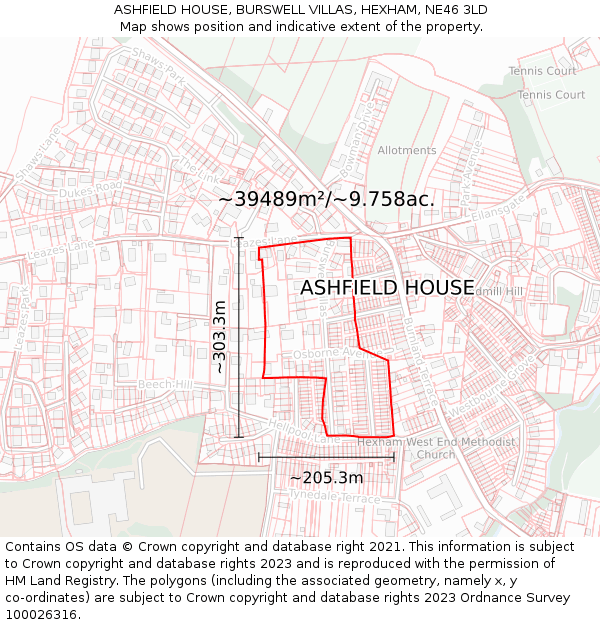 ASHFIELD HOUSE, BURSWELL VILLAS, HEXHAM, NE46 3LD: Plot and title map