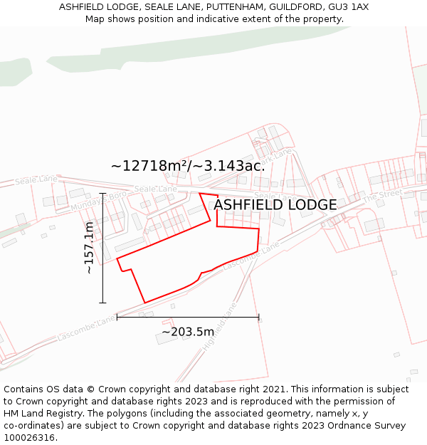 ASHFIELD LODGE, SEALE LANE, PUTTENHAM, GUILDFORD, GU3 1AX: Plot and title map