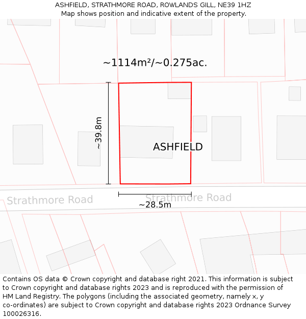 ASHFIELD, STRATHMORE ROAD, ROWLANDS GILL, NE39 1HZ: Plot and title map