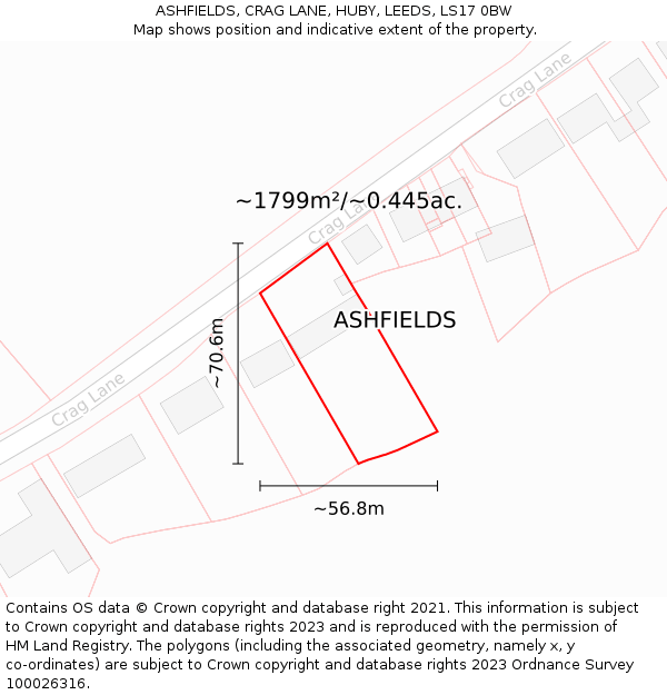 ASHFIELDS, CRAG LANE, HUBY, LEEDS, LS17 0BW: Plot and title map