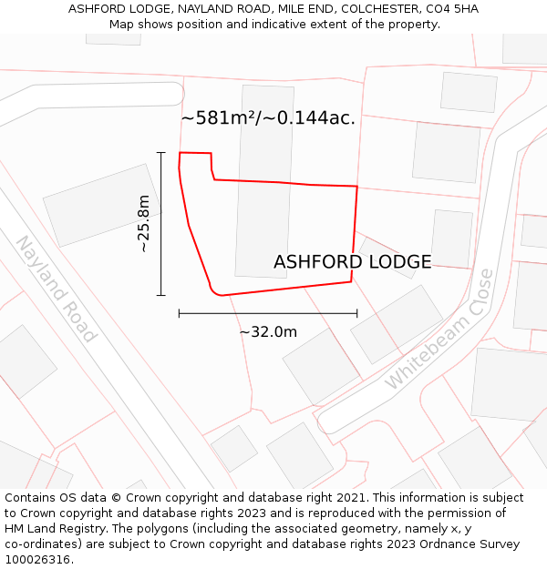 ASHFORD LODGE, NAYLAND ROAD, MILE END, COLCHESTER, CO4 5HA: Plot and title map