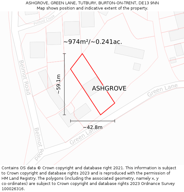 ASHGROVE, GREEN LANE, TUTBURY, BURTON-ON-TRENT, DE13 9NN: Plot and title map