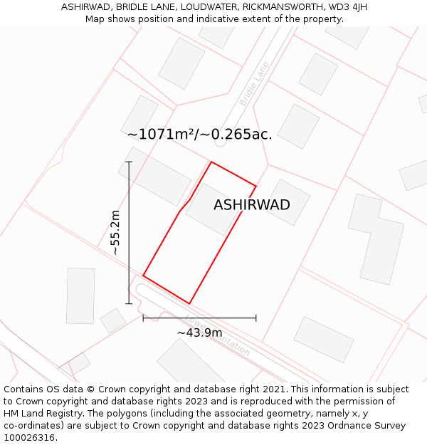 ASHIRWAD, BRIDLE LANE, LOUDWATER, RICKMANSWORTH, WD3 4JH: Plot and title map